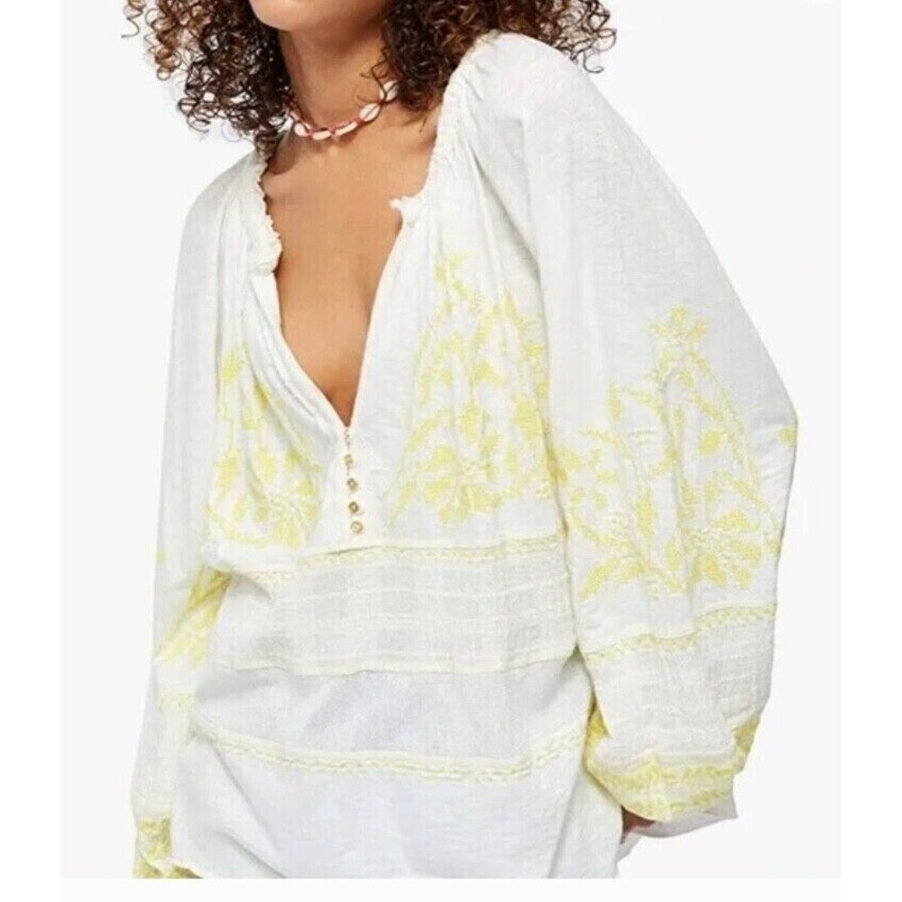 Free People Persuasion Top Ivory‎ Yellow Large Embroidery Boho Peasant Small